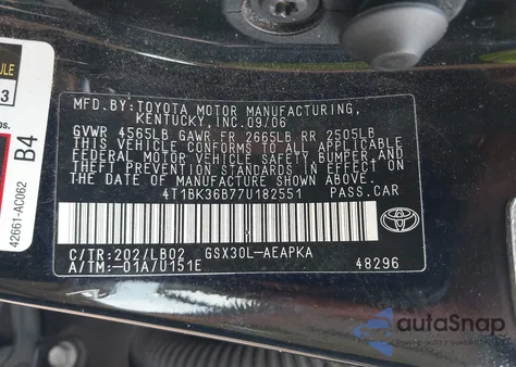 2007 Toyota Avalon Xl/Xls/Touring/Limited from USA, damaged, VIN 4T1BK36B77U182551
